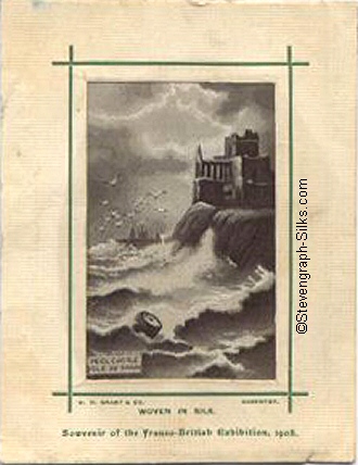 black & white silk image of castle on cliff edge being battered by waves, mounted in a Franco-British 1908 Exhibition mount