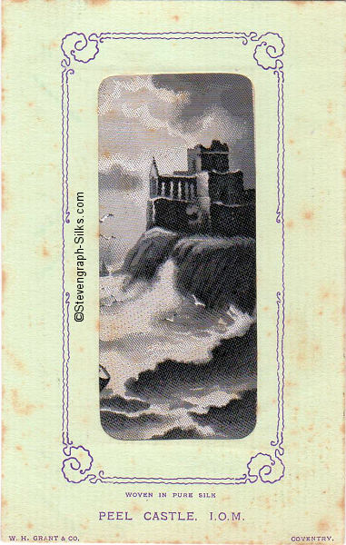 image of castle on cliff edge being battered by waves, woven in black & white silk