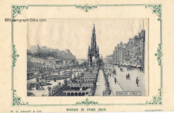 Silk postcard woven in black and white silk, of Edinburgh street scene