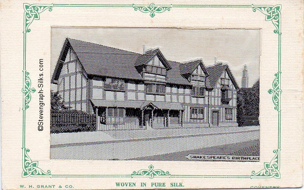 Postcard woven in black and white silk, of Shakespeare's birthplace in Stratford on Avon
