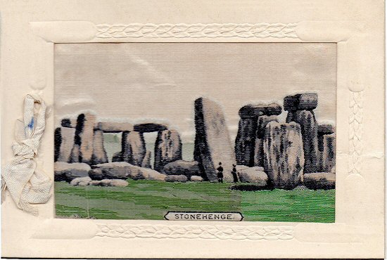 front cover of Grant undated Christmas card, with woven silk picture of Stonehenge