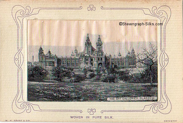 Postcard woven in black and white silk, of The Art Galleries, Glasgow building