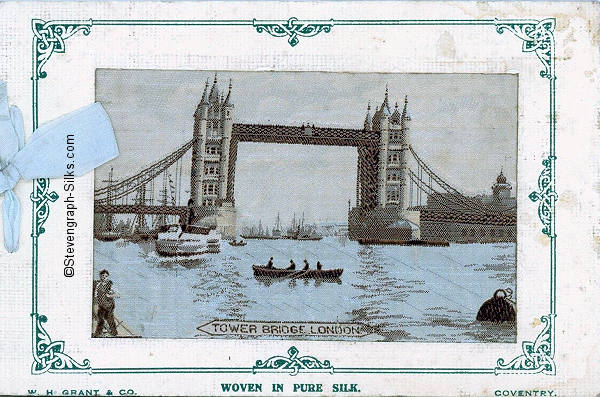 front cover of Grant birthday card, with woven silk picture of Tower Bridge