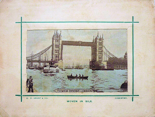 Large card woven in colour, showing a view of Tower Bridge, London