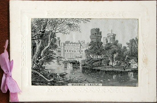 front cover of Grant undated Christmas card, with woven silk picture of Warwick Castle