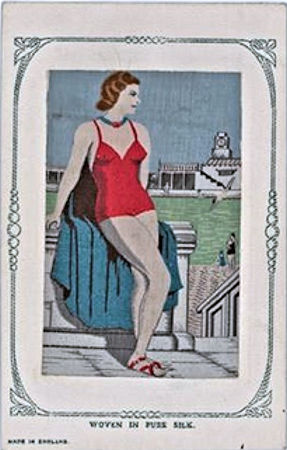 Silk postcard with picture of woman in a red bathing costume