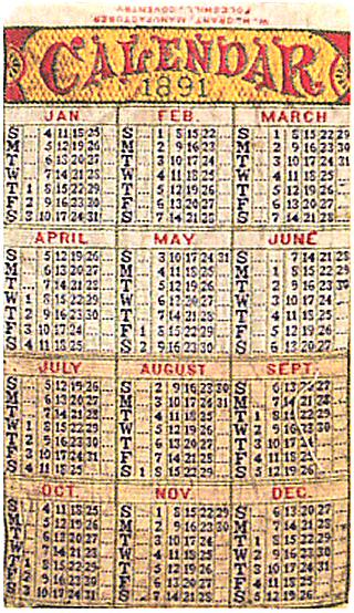 woven calendar for 1891 with Grant name