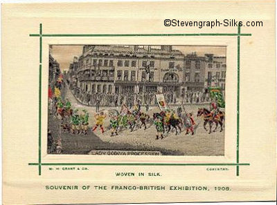 Large card woven in colour, showing a street view of the procession in Coventry