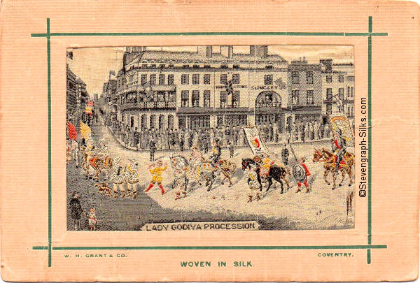 Large card woven in colour, showing a street view of the procession in Coventry