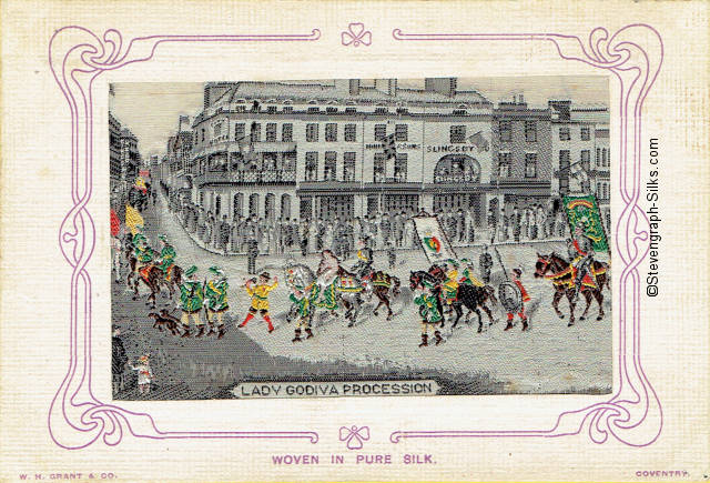 postcard woven in colour, showing a street view of the procession in Coventry