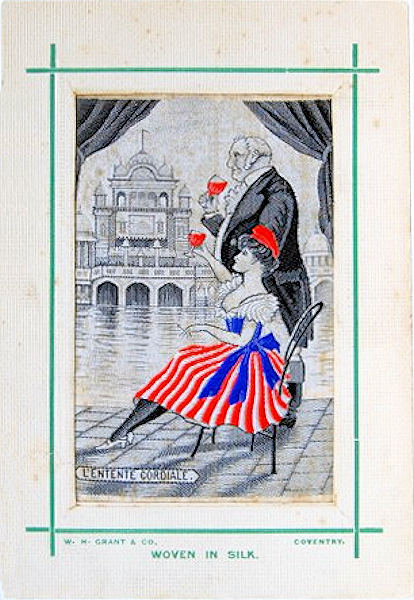 conventional postcard with image of English gentleman stood beside seated French lady, both sampling French wine