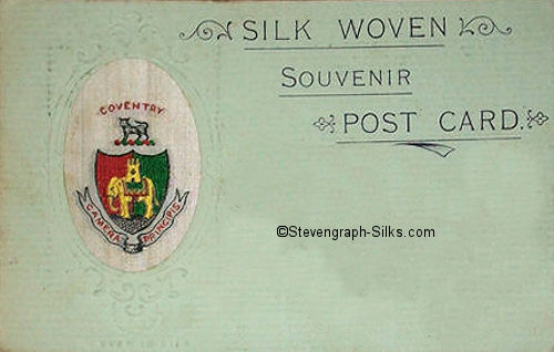 Small silk of the Coventry Coat-of-Arms on postcard with words