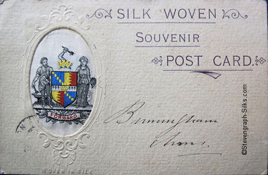 Small silk of the Birmingham Coat-of-Arms on postcard with embossed words