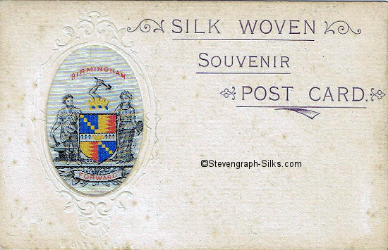 Small silk of the Birmingham Coat-of-Arms on postcard with embossed words