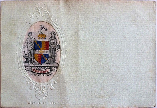 Small silk of the Birmingham Coat-of-Arms on postcard with embossed words