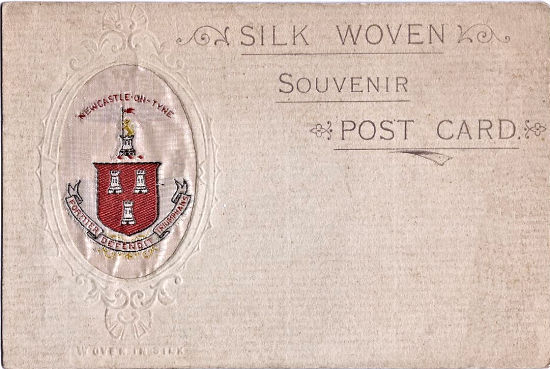 Small silk of the Newcastle-On-Tyne Coat-of-Arms on postcard with words