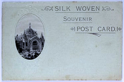 Small silk of the Palais des Mines et Métallurgie at the Paris Exhibition 1900, on postcard with words