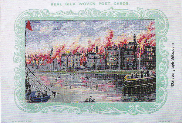 Silk postcard with picture of a harbour surrounded by burning warehouses
