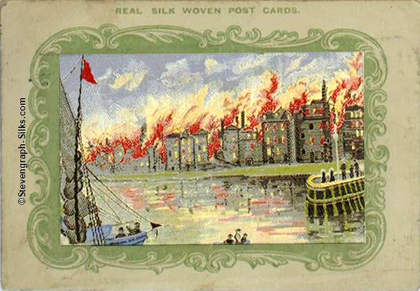 Silk postcard with picture of a harbour surrounded by burning warehouses