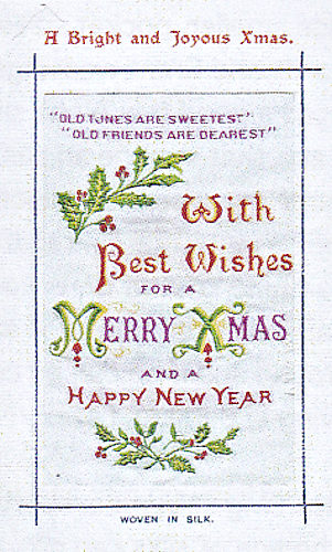 postcard woven in colour, with words and Christmas decorations