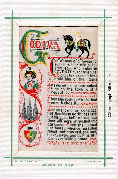 image of Godiva on horse back, Peeping Tom and Coventry Cathedral (pre war) and words of poem.