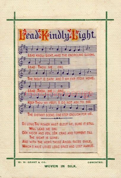 normal sized postcard with words and music of verse, with green border round the silk