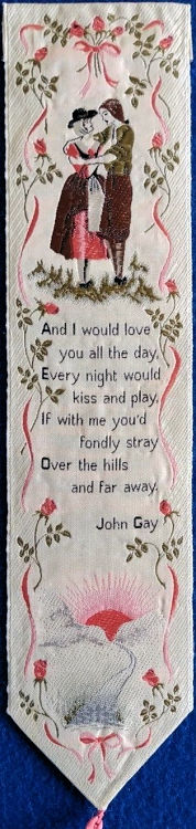 J & J Cash woven bookmark, with picture of a pair of lovers, title words and words of verse by John Gay