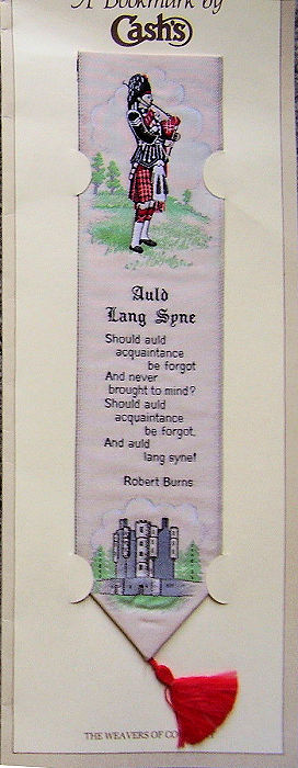 J & J Cash woven bookmark, with title words and image of a scottish piper