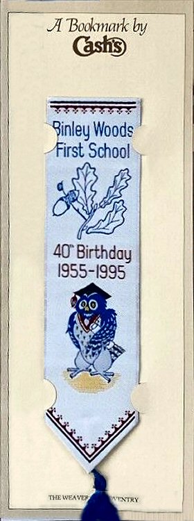 J & J Cash woven bookmark, with title words and scenes of oak tree leaves and an academic owl