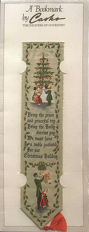 J & J Cash woven bookmark, with image of a decorated christmas tree and words of a verse