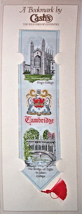 Cash's woven bookmark with woven title and images of King's College and The Bridge of Sighs