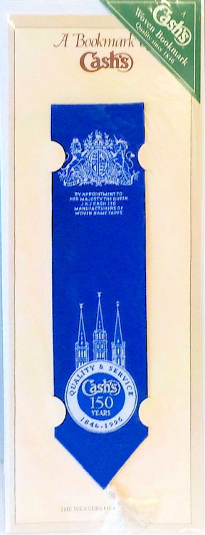 Cash's woven bookmark in blue, with title in a circular pattern