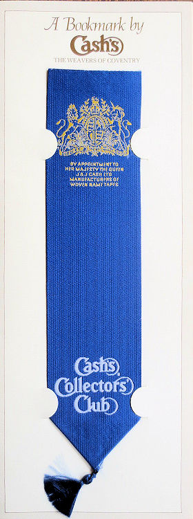 Cash's woven bookmark in blue, with woven title towards the pointed end
