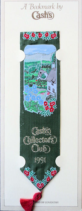 Cash's woven bookmark with images of country scene, with woven title towards the pointed end