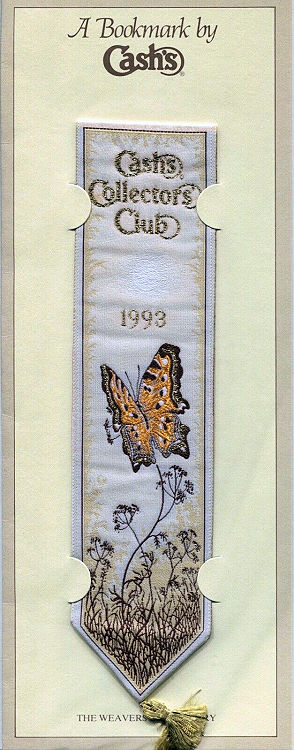Cash's woven bookmark with images of a butterfly, with woven title towards the top