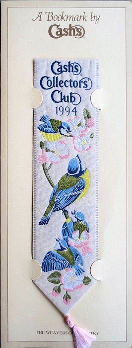 Cash's woven bookmark with images of blue tit birds, with woven title towards the top