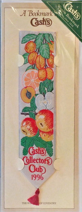 Cash's woven bookmark with images of various fruit, with woven title towards the pointed end