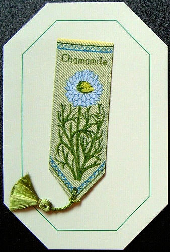 Cash's greeting card, with an attached woven bookmark titled: CHAMOMILE