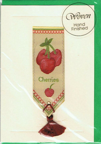 Cash's greeting card, with an attached woven bookmark titled: CHERRIES