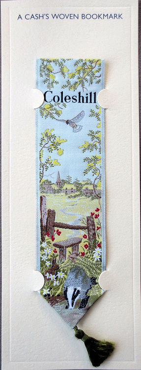 J & J Cash woven bookmark, with title words and image of nature scene