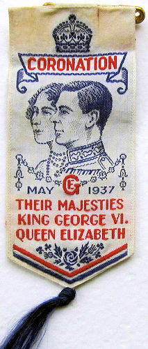 J & J Cash woven small bookmark or favour, with title words and image of King George VI and Queen Elizabeth