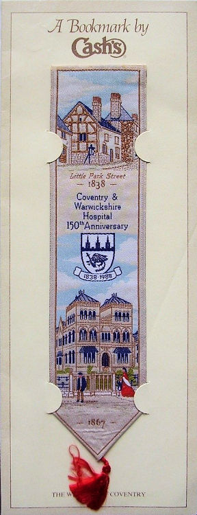 J & J Cash woven bookmark, with title words and images of the hospital