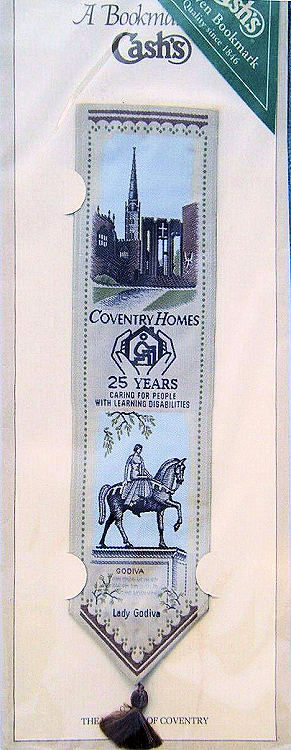 J & J Cash woven bookmark, with title words and image of both Coventry's cathedrals, symbols & Lady Godiva statue
