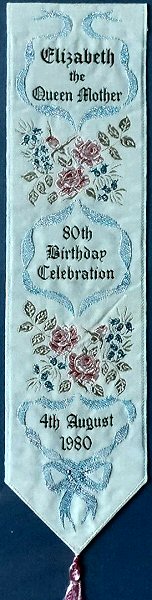 Cash's bookmark with words celebrating the 80th birthday of The Queen Mother