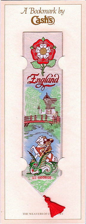 Cash's woven bookmark with woven title word and image an English rose and St George with dragon