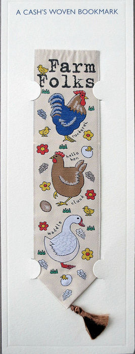 J & J Cash woven bookmark, with title words and images of a cockerel, an hen and a duck