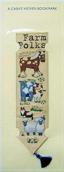 J & J Cash woven bookmark, with title words and images of a shire horse, cows and sheep