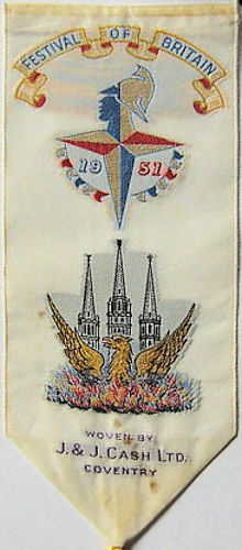 J & J Cash woven bookmark with title words, 1951 Festival of Britain logo and image of a phoenix rising from the ashes, with Coventry's Three Spires in the background