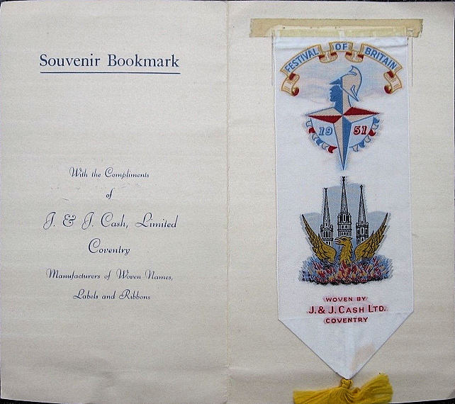 J & J Cash woven bookmark with title words, 1951 Festival of Britain logo and image of a phoenix rising from the ashes, with Coventry's Three Spires in the background