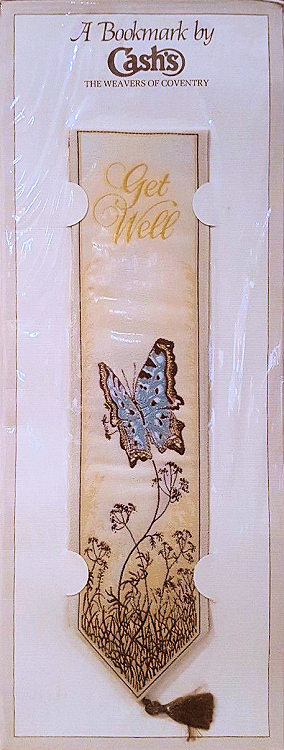 J & J Cash woven bookmark, with image of a butterfly, and title words